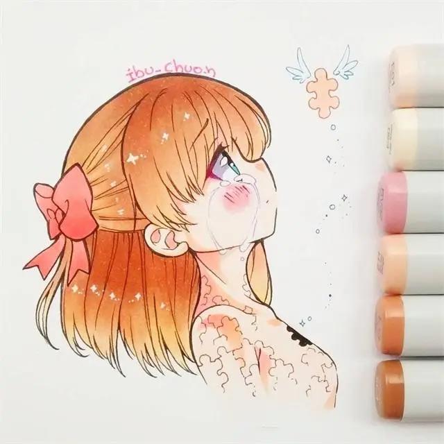 马克笔卡通动漫人物，超级可爱的卡通小女孩，可临摹！