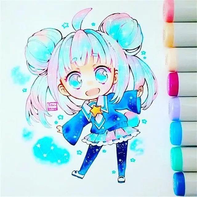 马克笔卡通动漫人物，超级可爱的卡通小女孩，可临摹！