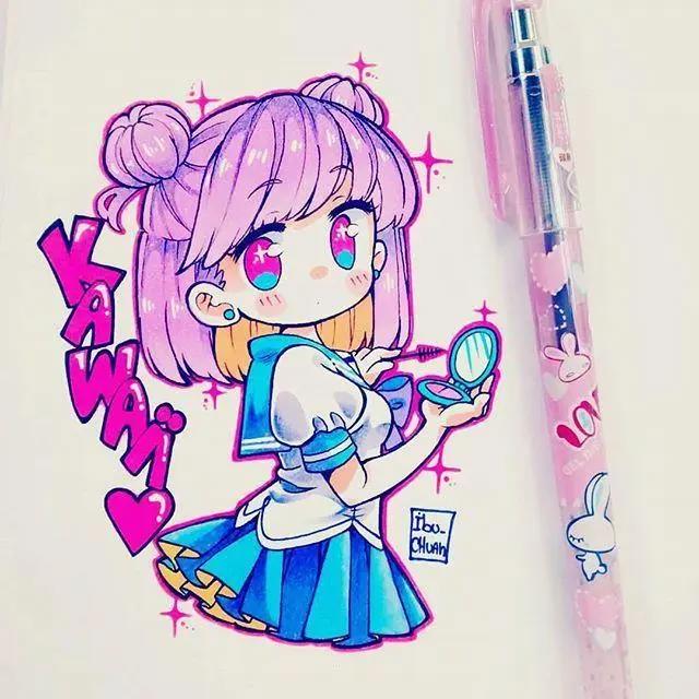 马克笔卡通动漫人物，超级可爱的卡通小女孩，可临摹！