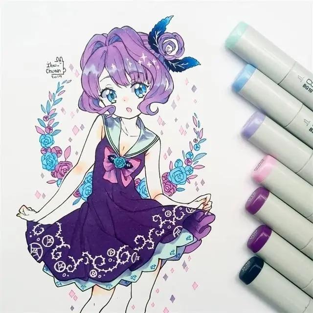 马克笔卡通动漫人物，超级可爱的卡通小女孩，可临摹！