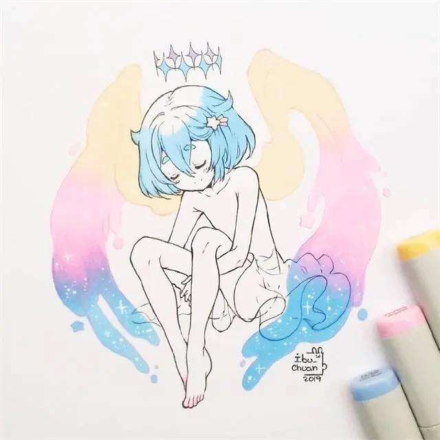 马克笔卡通动漫人物，超级可爱的卡通小女孩，可临摹！