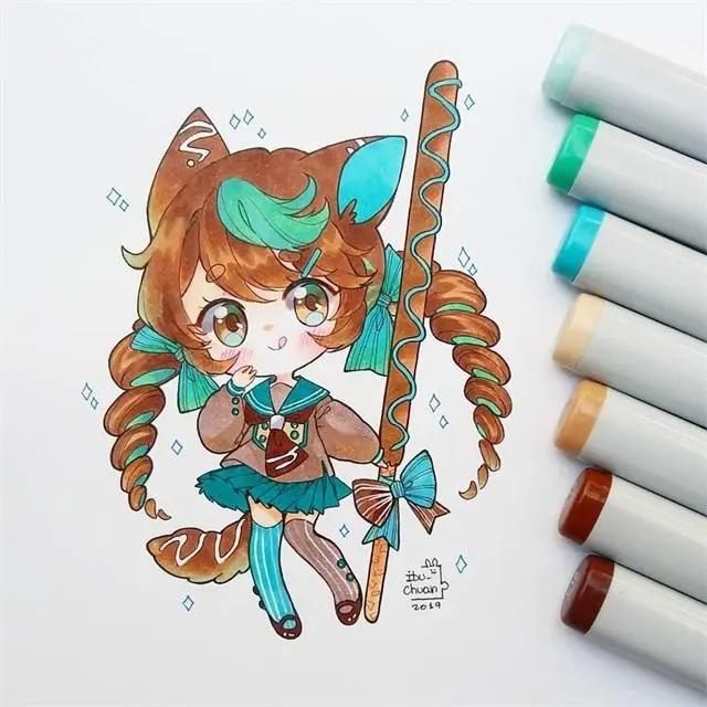 马克笔卡通动漫人物，超级可爱的卡通小女孩，可临摹！
