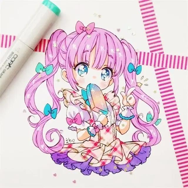 马克笔卡通动漫人物，超级可爱的卡通小女孩，可临摹！