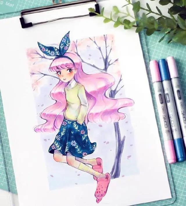 马克笔动漫人物手绘插画作品，喜欢画动漫人物的这组图很实用