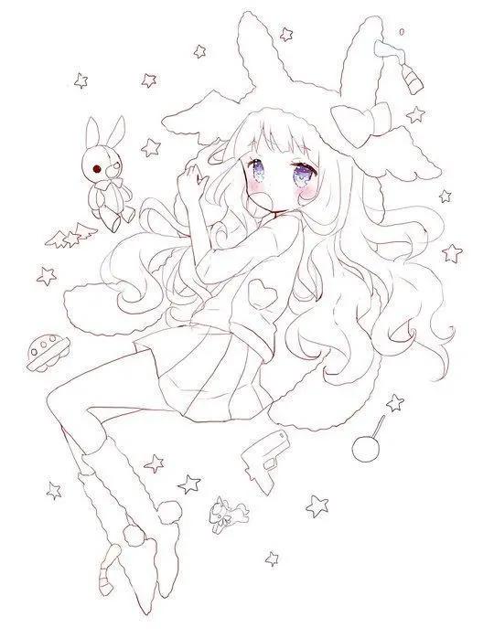 初学者漫画人物线稿图片，超可爱的萌妹子线稿作品