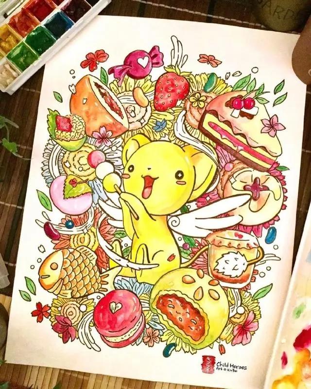 画师手绘经典动漫插图，角色本身呆萌可爱，却都是吃货