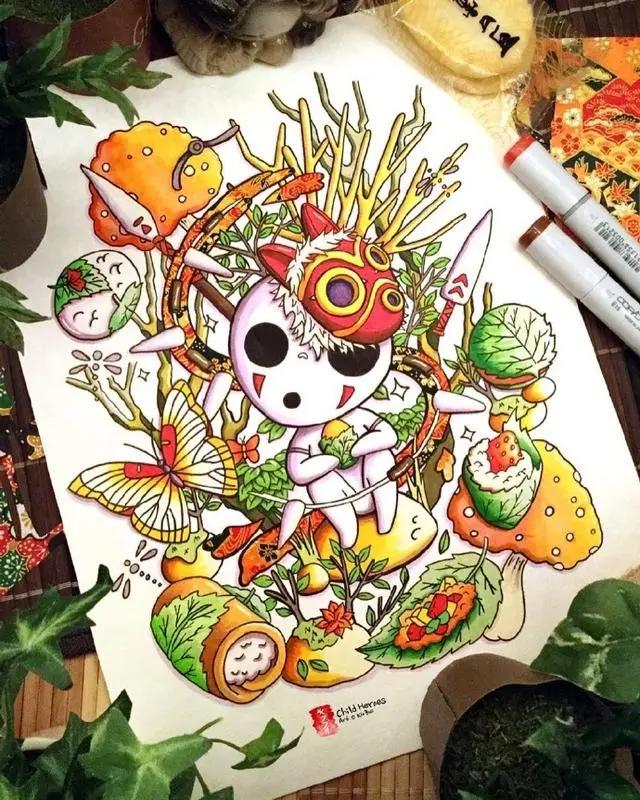 画师手绘经典动漫插图,角色本身呆萌可爱,却都是吃货