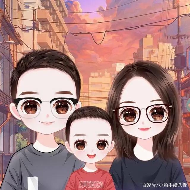 漫画全家福，简单温馨的家庭头像，甜蜜幸福的手绘图片