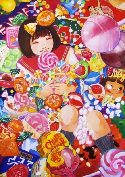 日式炫彩的美女插画，被美食围绕的场面“张口就想吃”！