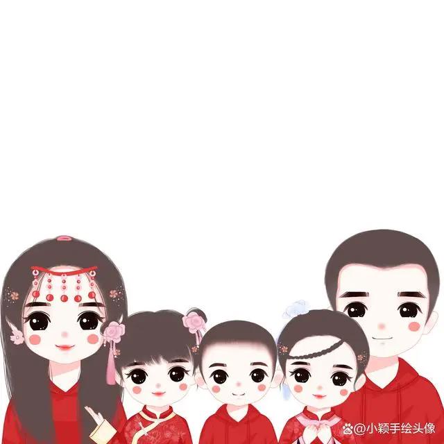 年味十足的全家福图片，一家五口动漫头像，满满的仪式感