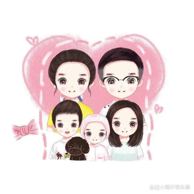 年味十足的全家福图片，一家五口动漫头像，满满的仪式感