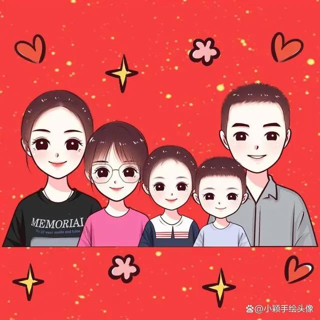 年味十足的全家福图片，一家五口动漫头像，满满的仪式感