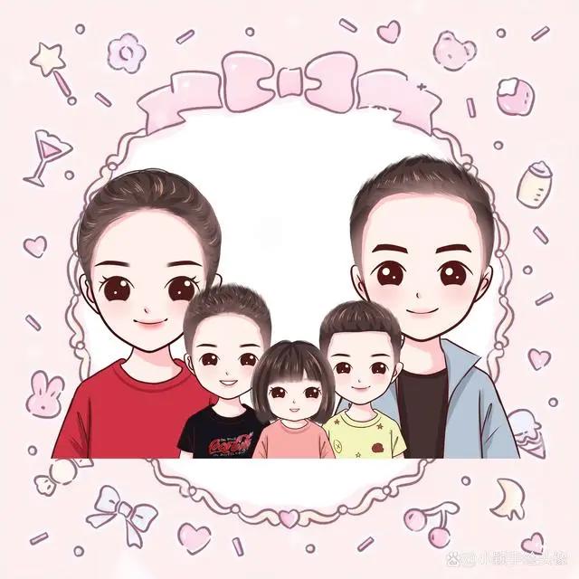 年味十足的全家福图片，一家五口动漫头像，满满的仪式感