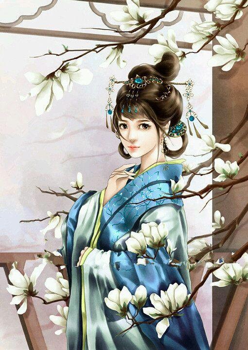 唯美头像：古风蓝衣美女插画，貌美如花，亭亭玉立的古风美人！