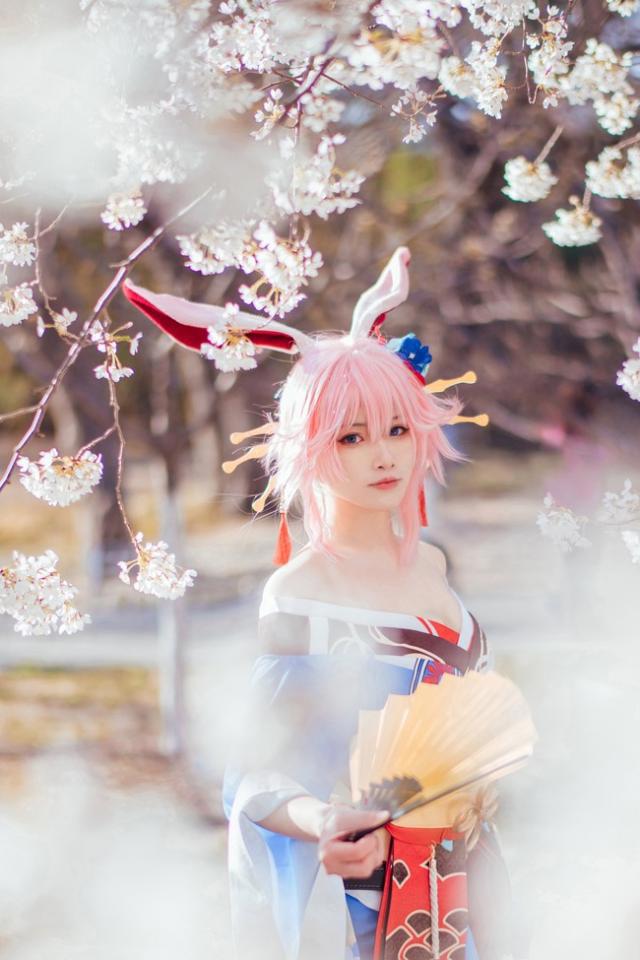 崩坏3：八重樱超美cos，左手持刀，右手执扇，漫天樱花美如画